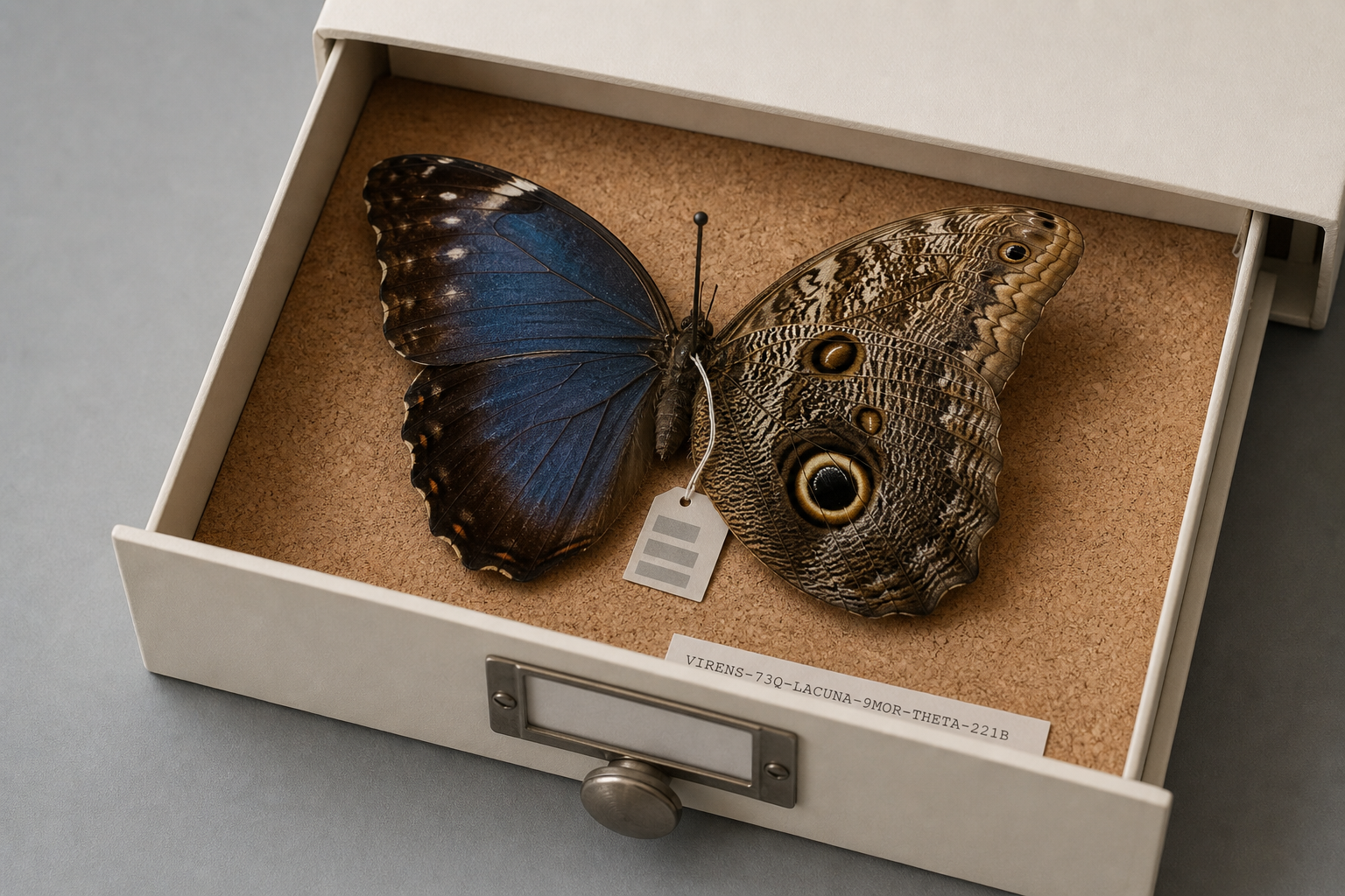 Collection drawer with spread Caligo specimen, dorsal and ventral aspects.