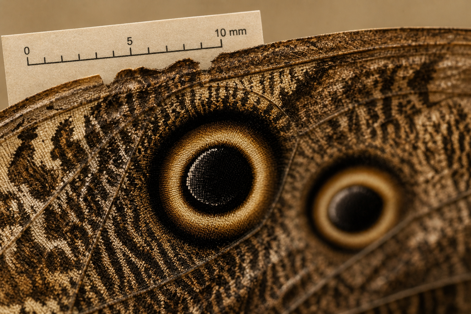 Macro photograph of ventral hindwing ocelli with scale bar.